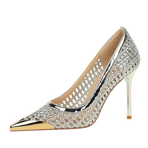 Frauen 9.5CM Hohlgewebe Stiletto Pumpen angespitzt geschlossene Zehe Party Hochzeit Mode High Heel Schuhe (Silber,37) von YGJKLIS