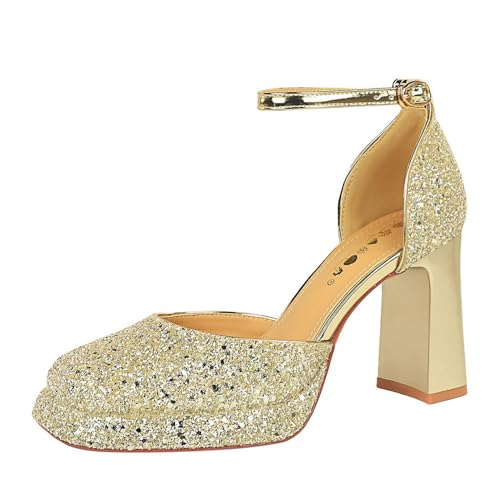 Frauen 9CM Knöchelriemen Quadratische Zehe High Heel Sparkly Prom Schuhe Chunky Block Heel Braut Party Kleid Heels (goldene,34) von YGJKLIS