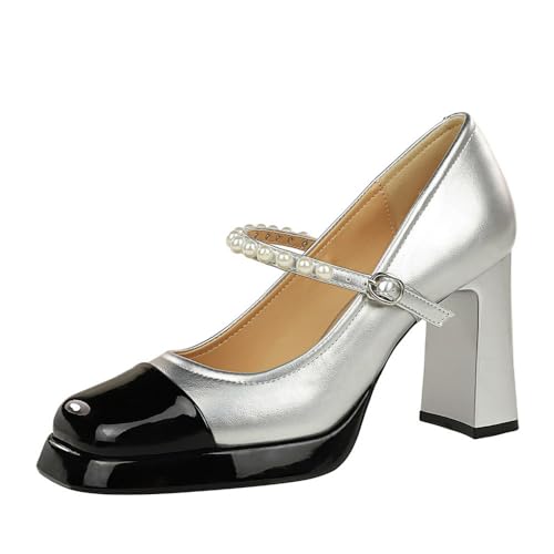 Frauen 9CM Quadrat Zehe Chunky Block Absatz Knöchel Schnalle Plattform High Heel Patentleder Abend Party Prom Schuhe (Silber,38) von YGJKLIS
