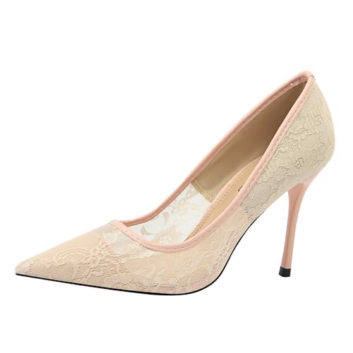 Frauen 9CM geschlossene Spitze Spitze Hohle gedruckte Mesh Stiletto Pumps Braut Abend Prom Party High Heels (Rosa,34) von YGJKLIS