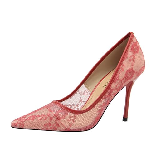 Frauen 9CM geschlossene Spitze Spitze Hohle gedruckte Mesh Stiletto Pumps Braut Abend Prom Party High Heels (Rot,34) von YGJKLIS