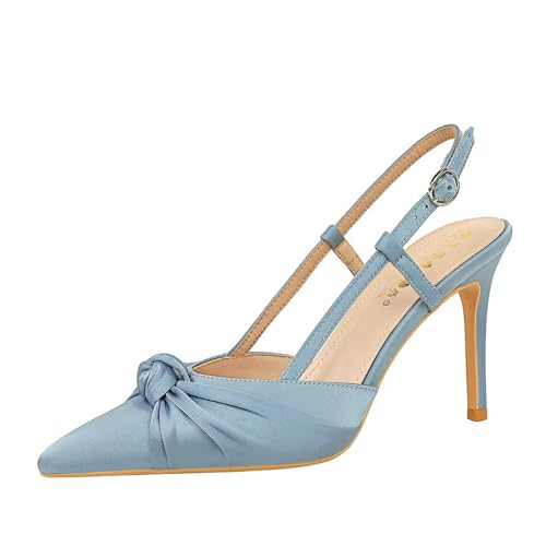 Frauen Casual Bridal Party 9CM zurück Knöchelgurt Stiletto Pumps Satin Spitze Zehe Twist Knot Bogen High Heel (Blau,36) von YGJKLIS