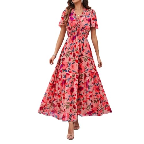 Frauen Elastische Taille Kurzarm V-Ausschnitt A-Linie Kleid Hohe Taille Casual Boho Floral Print Strand Maxi Kleider (Rot,XL) von YGJKLIS