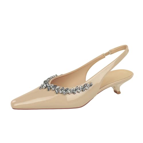 Frauen Glitter Spitze Zehe 4CM High Heel Glänzendes Lackleder zurück Knöchelgurt Prom Hochzeit Braut Schuhe (Kaki,35) von YGJKLIS