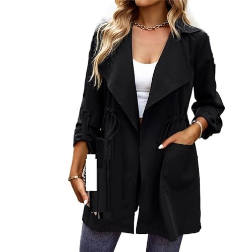 Frauen Kordelzug Taille Windbreaker Jacke Langarm Business Formal Solid Color Tops Oberbekleidung mit 2 Taschen (Schwarz,M) von YGJKLIS