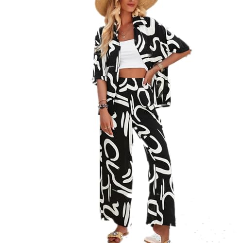 Frauen Kurzarm Revers Button Up Shirts Tops Blusen oder Lose Freizeithose Sets Bohemian Floral Print Strand Sets (Schwarz,M) von YGJKLIS