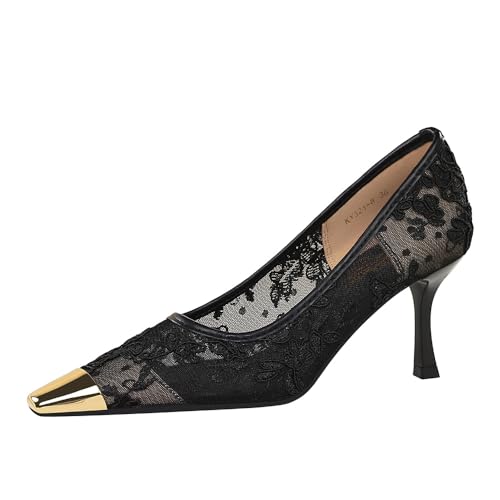 Frauen Metall Quadrat Zehe Hohle Mesh Spitze Stiletto Pumpen 7CM Kleid Abend Party Hochzeit Hochabsatz Schuhe (schwarz,34) von YGJKLIS
