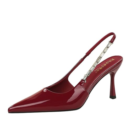 Frauen Mode 8CM zurück Knöchelgurt High Heel Spitze Zehe Rutschen auf Stiletto Pumpen Abend Party Prom Kleid Schuhe (Rot,40) von YGJKLIS