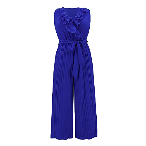 Frauen Spitze Jumpsuits Tops V-Ausschnitt Lose Sexy Ärmellos Chiffon Plissee Hosenrock Flowy Solid Boho Beach Lange Hose (Blau,S) von YGJKLIS