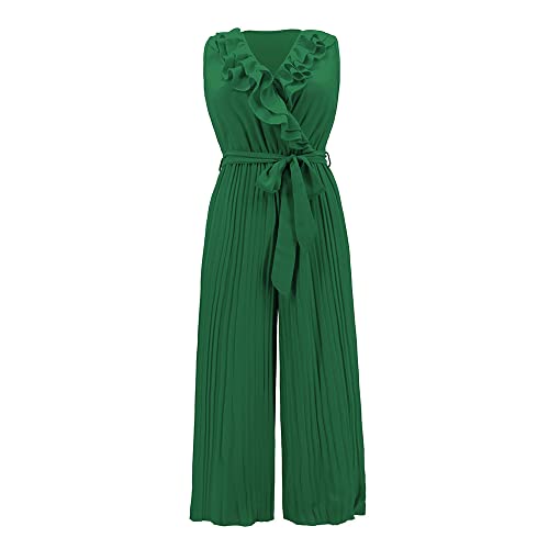 Frauen Spitze Jumpsuits Tops V-Ausschnitt Lose Sexy Ärmellos Chiffon Plissee Hosenrock Flowy Solid Boho Beach Lange Hose (Grün,M) von YGJKLIS