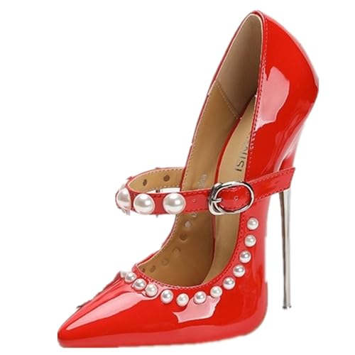 Frauen Spitze Zehe 16cm Knöchelgurt High Heel Glitter funkelnd mit Perlen über Dekoration Stiletto Schuhe (Rot,38) von YGJKLIS