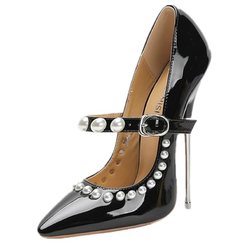 Frauen Spitze Zehe 16cm Knöchelgurt High Heel Glitter funkelnd mit Perlen über Dekoration Stiletto Schuhe (schwarz,45) von YGJKLIS