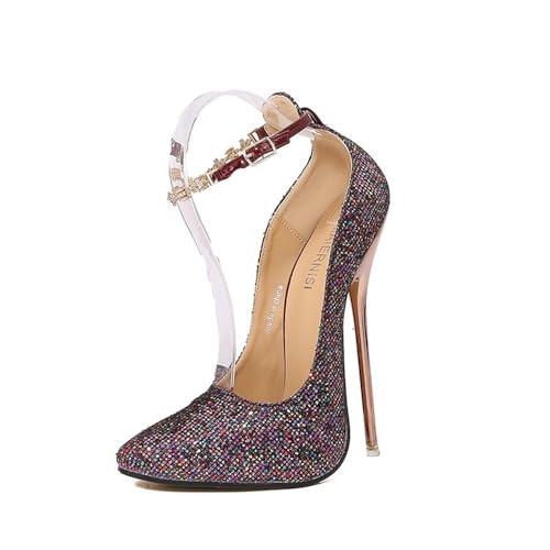 Frauen Spitze Zehe Knöchelgurt Perlen Kette High Heel 16cm Glitter Funkelnde Stiletto Pumpen Party Club Prom Schuhe (Violett,35) von YGJKLIS