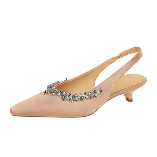 Frauen Spitze Zehe Satin Funkelnde High Heel 3CM niedrige Absätze zurück Knöchelgurt weiche Arbeit Retro Schuhe (Champagnerfarbe,40) von YGJKLIS