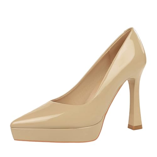 Frauen Spitze geschlossene Zehe 12CM Chunky Block Absatz Plattform High Heel Einfarbe Patentleder formelle Arbeitsschuhe (Kaki,36) von YGJKLIS