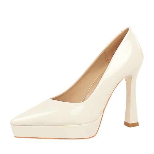 Frauen Spitze geschlossene Zehe 12CM Chunky Block Absatz Plattform High Heel Einfarbe Patentleder formelle Arbeitsschuhe (Weiß,40) von YGJKLIS