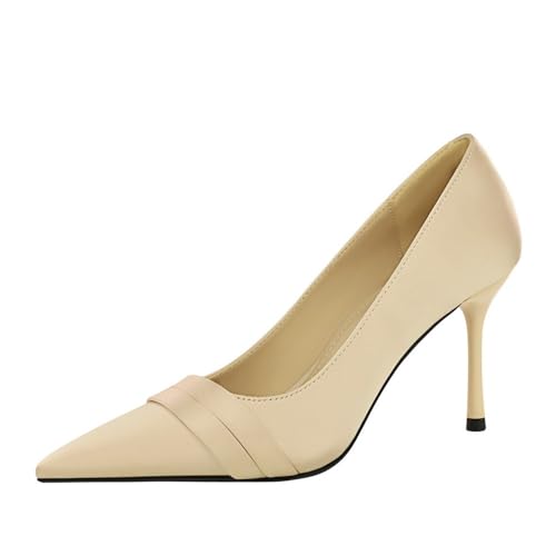 Frauen geschlossene Spitze Stiletto High Heel 8CM Satin Abend Party Prom Kleid Schuhe Pumpen (Champagnerfarbe,37) von YGJKLIS