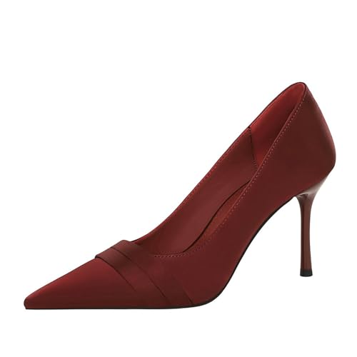Frauen geschlossene Spitze Stiletto High Heel 8CM Satin Abend Party Prom Kleid Schuhe Pumpen (Rot,36) von YGJKLIS