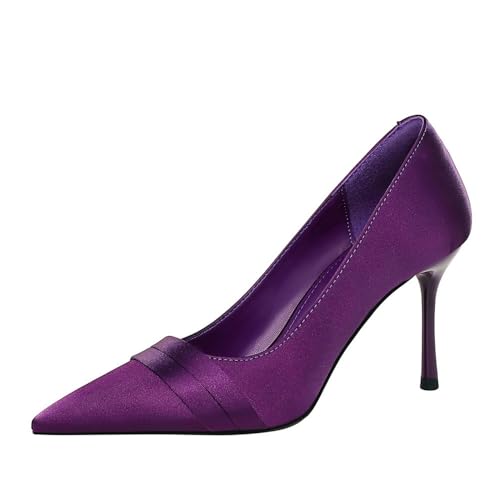 Frauen geschlossene Spitze Stiletto High Heel 8CM Satin Abend Party Prom Kleid Schuhe Pumpen (Violett,38) von YGJKLIS