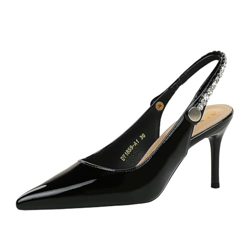 Frauen schwarz 7CM zurück Open Toe Knöchelgurt Spitzenzee High Heel Büro Braut Hochzeit Stiletto Pumps Schuhe (schwarz,38) von YGJKLIS