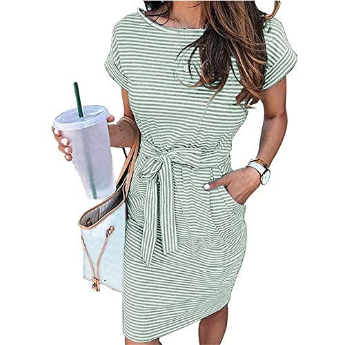 Sommer-Frauen-Streifen-Rundhals-Stretch-Baumwollkleid, kurzes Shift-Kleid, Krawatten-Taille, T-Shirt-Kleider mit Taschen (Grün,S) von YGJKLIS