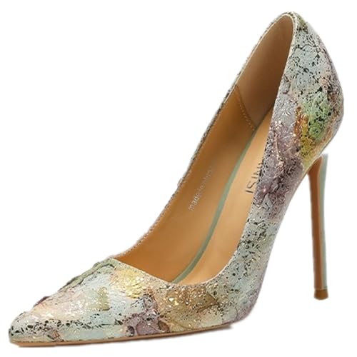 Damen 12CM Retro Druck Absätze Sandalen geschlossen Spitze Stiletto High Heels Party Hochzeit Mode Schuhe (Grün,40) von YGJKLIS