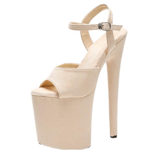 YGJKLIS Damen 20cm Stiletto Pumps Wildleder Open Toe Knöchelgurt Hochabsatz Sandalen 10cm Plattform Party Hochzeit Mode Schuhe (Apriksfarbe,39) von YGJKLIS