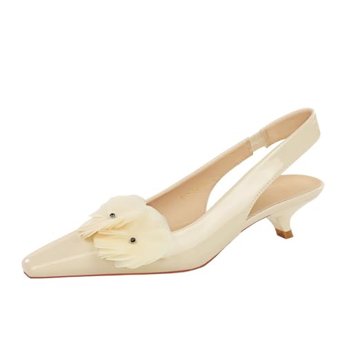 YGJKLIS Damen 4CM glänzendes Lackleder geschlossene Spitze hohe Absätze zurück Knöchelgurt Blumendekoration niedrige Absätze Schuhe (Weiß,36) von YGJKLIS