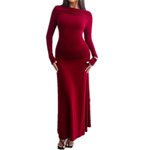 YGJKLIS Damen Bodycon Wrap Rüschen Langarm Einfarbig Lange Kleider Elegante Hochzeitsgast Cocktail Party Kleid (Rot,XL) von YGJKLIS