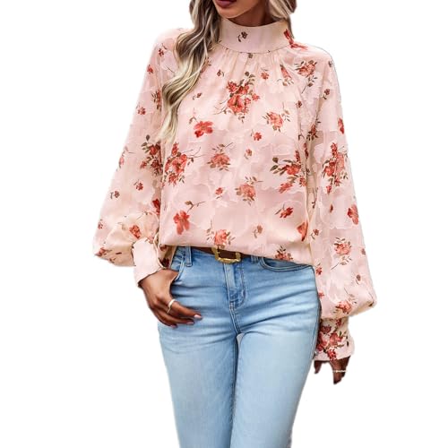 YGJKLIS Damen High Kragen Langarm Pullover Tuniken Hemden Floral Print Loose Fit Tops Hinterer Ausschnitt Frenulum Casual Blusen (Rosa,XL) von YGJKLIS