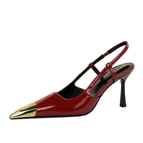 YGJKLIS Damen Mode zurück Knöchelgurt High Heel Sandale 8CM Metall Spitze Lackleder Hochzeit Party Stiletto Pumps (rot,34) von YGJKLIS
