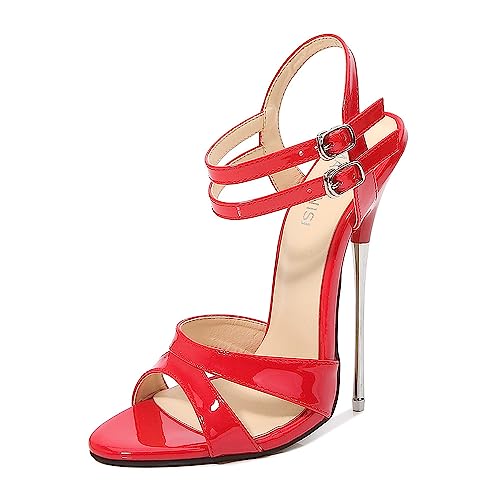 YGJKLIS Damen Offene Zehe Zwei Riemen Knopf High-Heel Sandale 16cm Stiletto Pumps Spitz Toe High Heel (Rot,41EU) von YGJKLIS