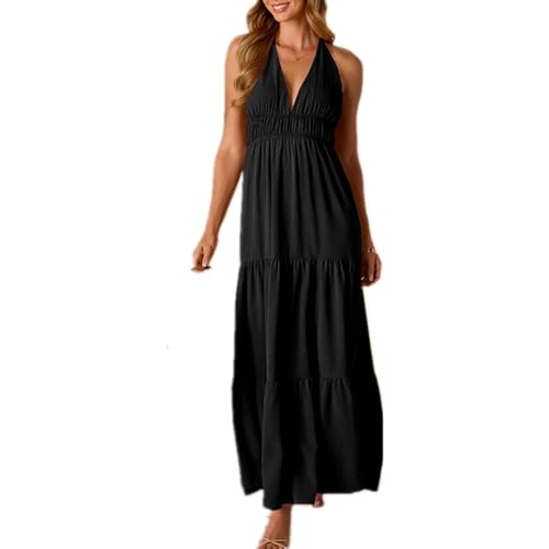 YGJKLIS Damen V-Ausschnitt Halter Ausschnitt Ärmellos Rückenlose Rüste Lange Kleider Einfarbe hintere Krawatte Boho Strandkleid (schwarz,S) von YGJKLIS