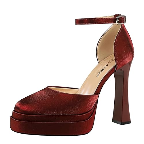 YGJKLIS Damen runde Zehe Chunky Block Absatz Knöchel Schnalle Plattform High Heel 11.5CM Einfarbe Satin Sandale Schuhe (rot,34) von YGJKLIS