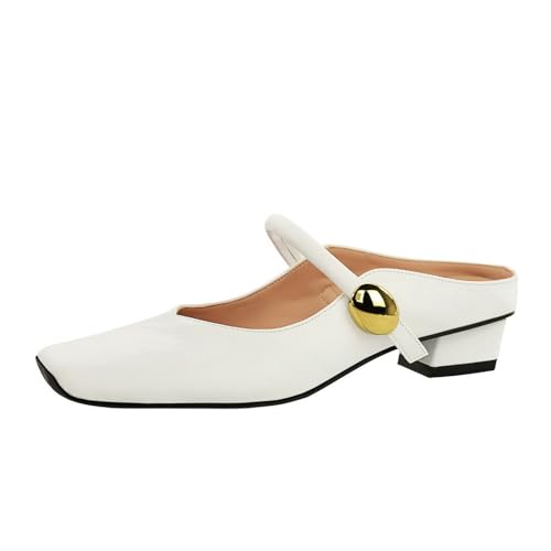 YGJKLIS Frauen 2,5 cm Chunky Block niedrigen Absatz Pantoffel Schuhe, Quadrat geschlossene Zehe Satin Knöchelgurt Pumpen (Weiß,35) von YGJKLIS