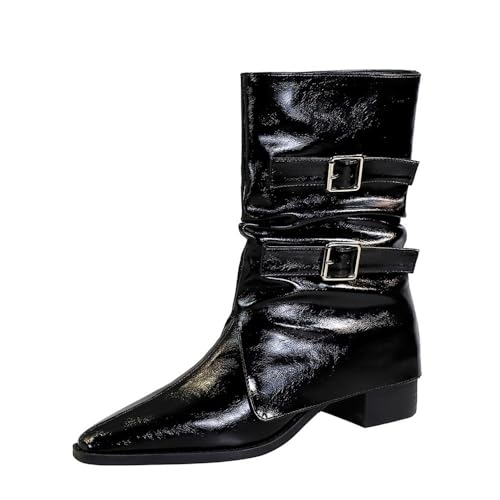 YGJKLIS Frauen 5CM Chunky Block Absatz Wasserdichte Regenstiefel Mode Spitze Zehen Gürtel Schnalle Dekoration Mid-Calf Stiefel (schwarz,35) von YGJKLIS