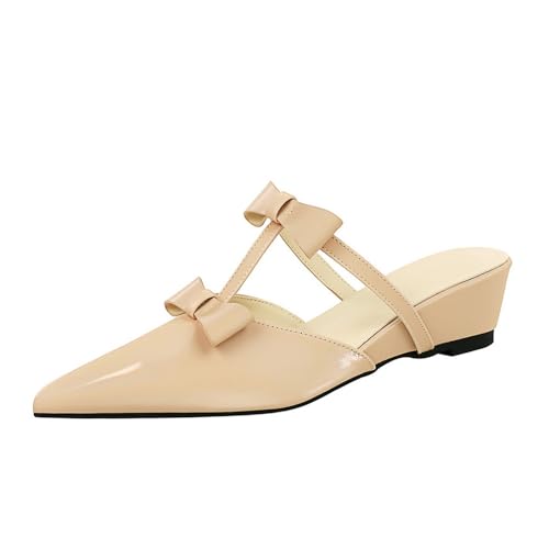 Frauen 5CM Keil Absatz Pantoffel Sandalen Zwei Bogen Spitze geschlossene Zehe niedrige Absatz Slip-on leichtes Gewicht Gehen High Heel Schuhe (Nackt,37) von YGJKLIS