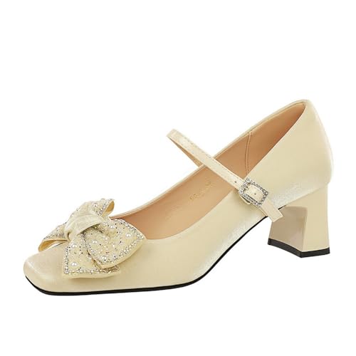 YGJKLIS Frauen 5CM Quadrat Zehe Chunky Block Absatz Knöchel Schnalle Pump Sandalen Solid Bogen Satin Abend Party Prom High Heel Schuhe (Champagnerfarbe,34) von YGJKLIS