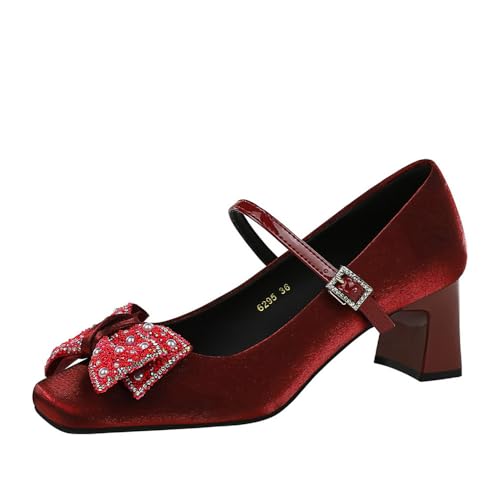 YGJKLIS Frauen 5CM Quadrat Zehe Chunky Block Absatz Knöchel Schnalle Pump Sandalen Solid Bogen Satin Abend Party Prom High Heel Schuhe (Rot,39) von YGJKLIS