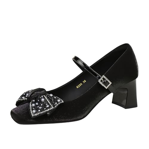 YGJKLIS Frauen 5CM Quadrat Zehe Chunky Block Absatz Knöchel Schnalle Pump Sandalen Solid Bogen Satin Abend Party Prom High Heel Schuhe (schwarz,35) von YGJKLIS