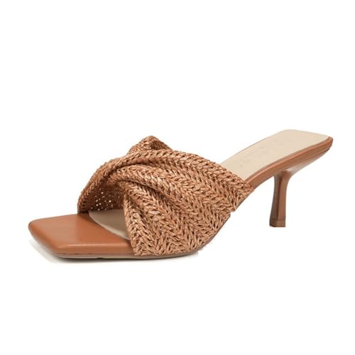 YGJKLIS Frauen 6.5CM Quadrat offene Zehe Weben Stiletto Pumps Sandalen Rutschen Sommer Strand Party High Heel (Braun,36) von YGJKLIS