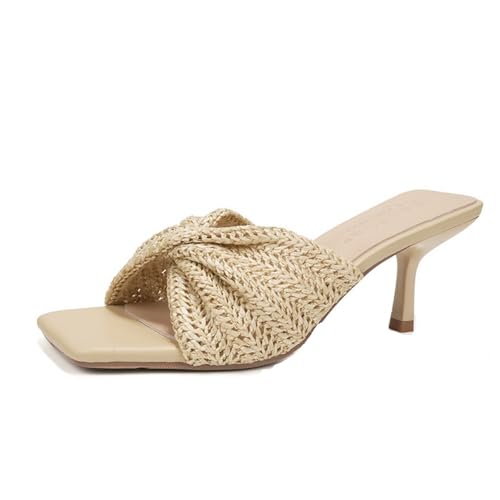 YGJKLIS Frauen 6.5CM Quadrat offene Zehe Weben Stiletto Pumps Sandalen Rutschen Sommer Strand Party High Heel (Kaki,36) von YGJKLIS