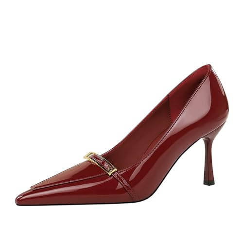 Frauen 8CM Geschlossene Spitze Patentleder Stiletto High Heels Casual Sandalen Einfarbe Bridal Party (rot,38) von YGJKLIS