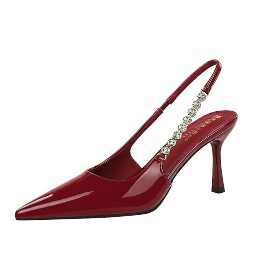 Frauen 8CM Spitze Zehe Solidfarbiges Patentleder High Heel Rückenkette Knöchelgurt Sandale für Prom Dressing Party (Rot,39) von YGJKLIS