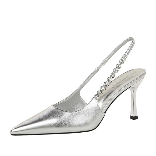 Frauen 8CM Spitze Zehe Solidfarbiges Patentleder High Heel Rückenkette Knöchelgurt Sandale für Prom Dressing Party (Silber,40) von YGJKLIS