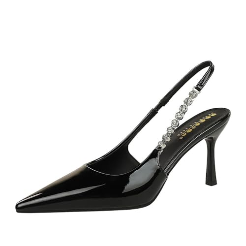 Frauen 8CM Spitze Zehe Solidfarbiges Patentleder High Heel Rückenkette Knöchelgurt Sandale für Prom Dressing Party (schwarz,35) von YGJKLIS