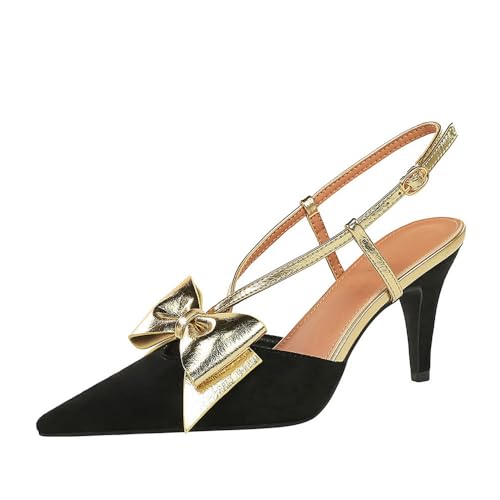 Frauen 8CM zurück Knöchelgurt High Heel Sandalen Wildleder Bogen Geschlossene Zehe Party Club Hochzeit Prom Stilettos Pumps (Goldene,37) von YGJKLIS