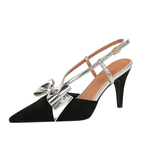 Frauen 8CM zurück Knöchelgurt High Heel Sandalen Wildleder Bogen Geschlossene Zehe Party Club Hochzeit Prom Stilettos Pumps (Silber,35) von YGJKLIS