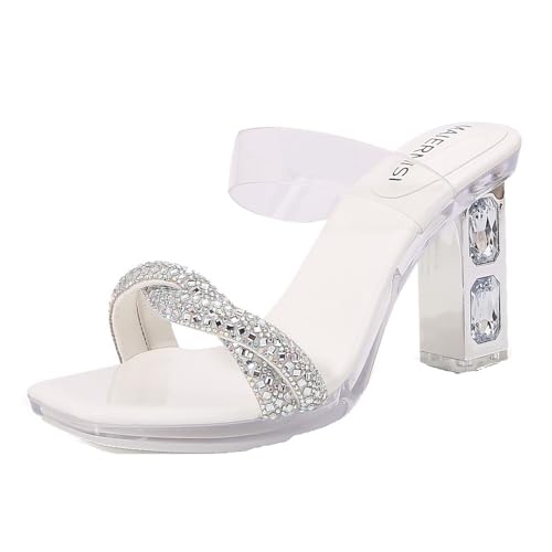 YGJKLIS Frauen 8cm Quadrat Open Toe Absatz transparente Sandale Pantoffel Sommer Outdoor Beach Slip auf High Heel Party Schuhe (Weiß,38) von YGJKLIS