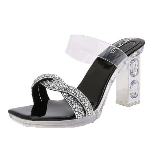 Frauen 8cm Quadrat Open Toe Absatz transparente Sandale Pantoffel Sommer Outdoor Beach Slip auf High Heel Party Schuhe (schwarz,42) von YGJKLIS